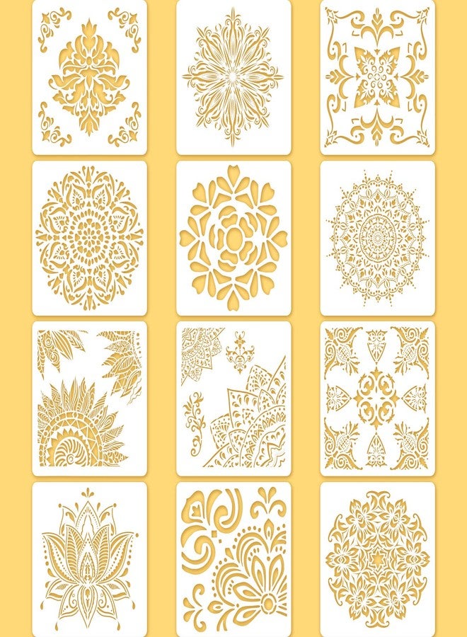 Zonon 12 Pieces 12 x 12 Inch Large Reusable Stencil Mandala Stencil Laser Cutting Painting Template for Floor Wall Tile Fabric Furniture Stencils Painting - Image 1